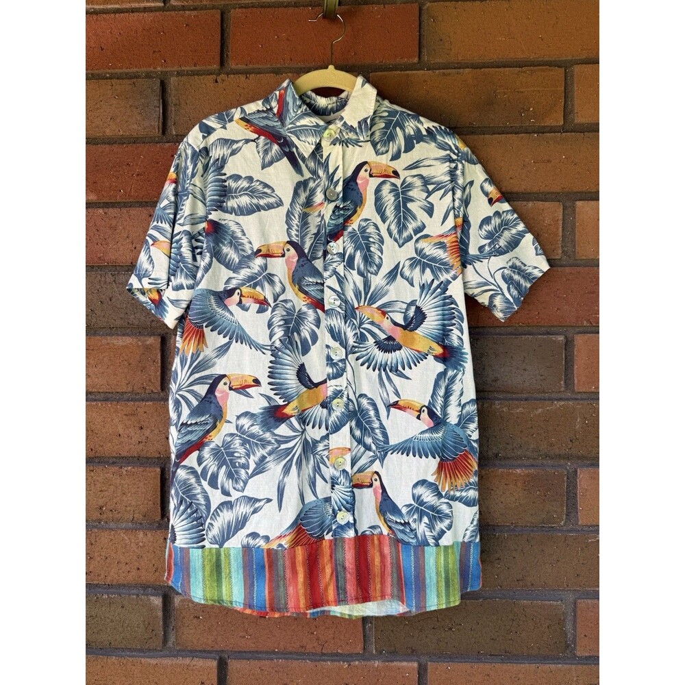 Farm Rio Bird Tropical Print‎ Short Sleeve Button Shirt Size XS Linen Blend